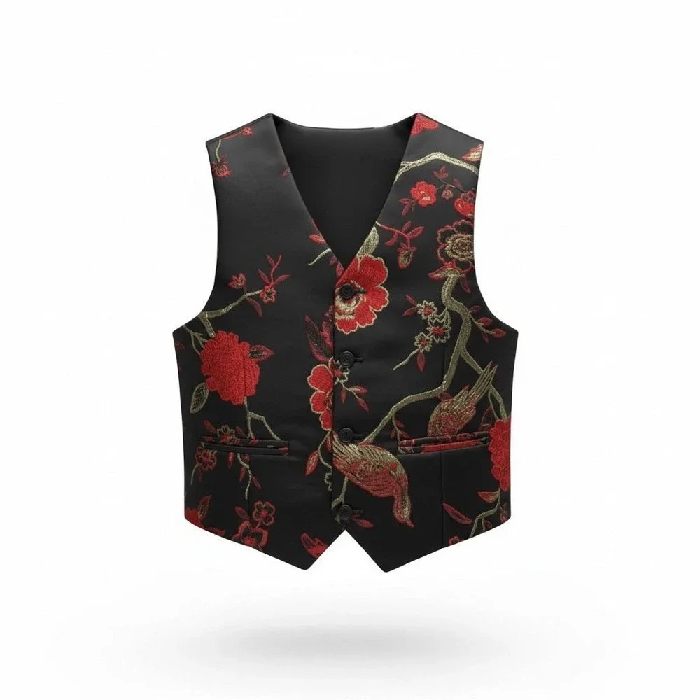 Satin‎ Floral Brocade Vest Gothic Romantic Asian Inspired Black Red XS